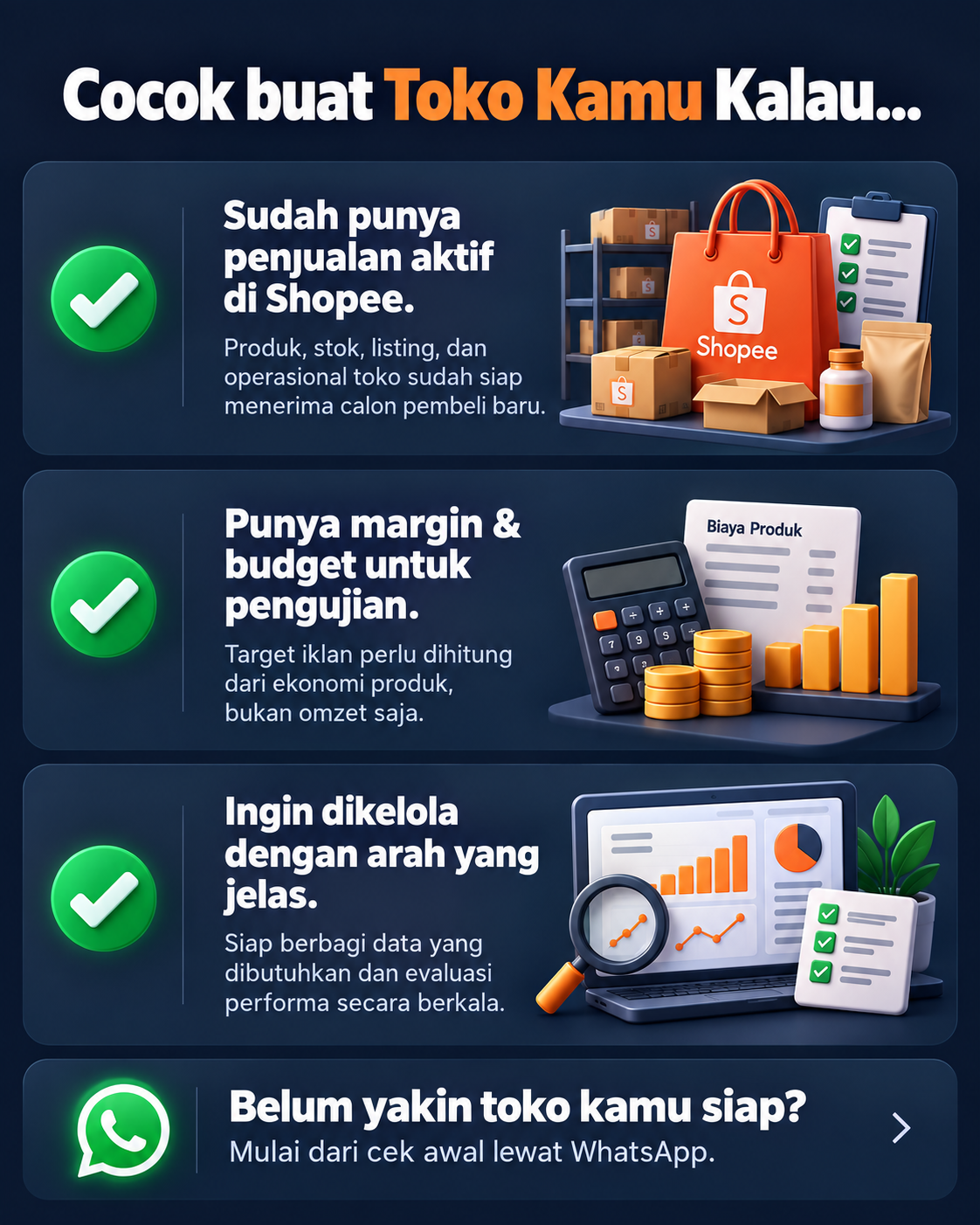 Cocok buat toko kamu kalau: sudah punya penjualan aktif di Shopee, dengan produk, stok, listing, dan operasional siap menerima calon pembeli baru; punya margin dan budget untuk pengujian, dengan target iklan dihitung dari ekonomi produk, bukan omzet saja; ingin dikelola dengan arah yang jelas, siap berbagi data dan evaluasi performa secara berkala. Belum yakin toko kamu siap? Mulai dari cek awal lewat WhatsApp.